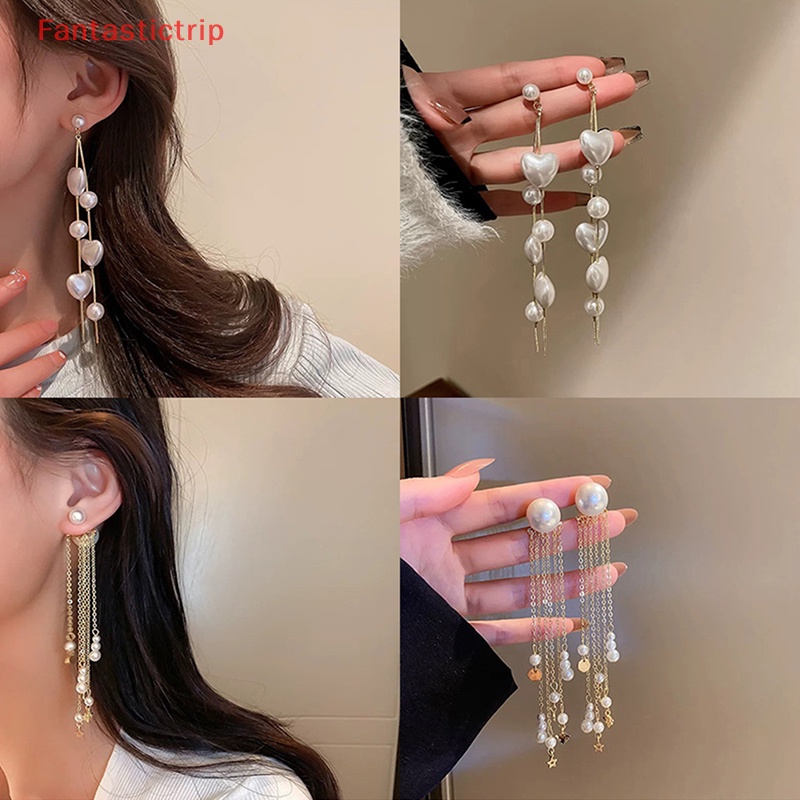 [Fantastictrip] Bông Tai Dáng Dài Đính Ngọc Trai Kim Loại Phong Cách retro Mới