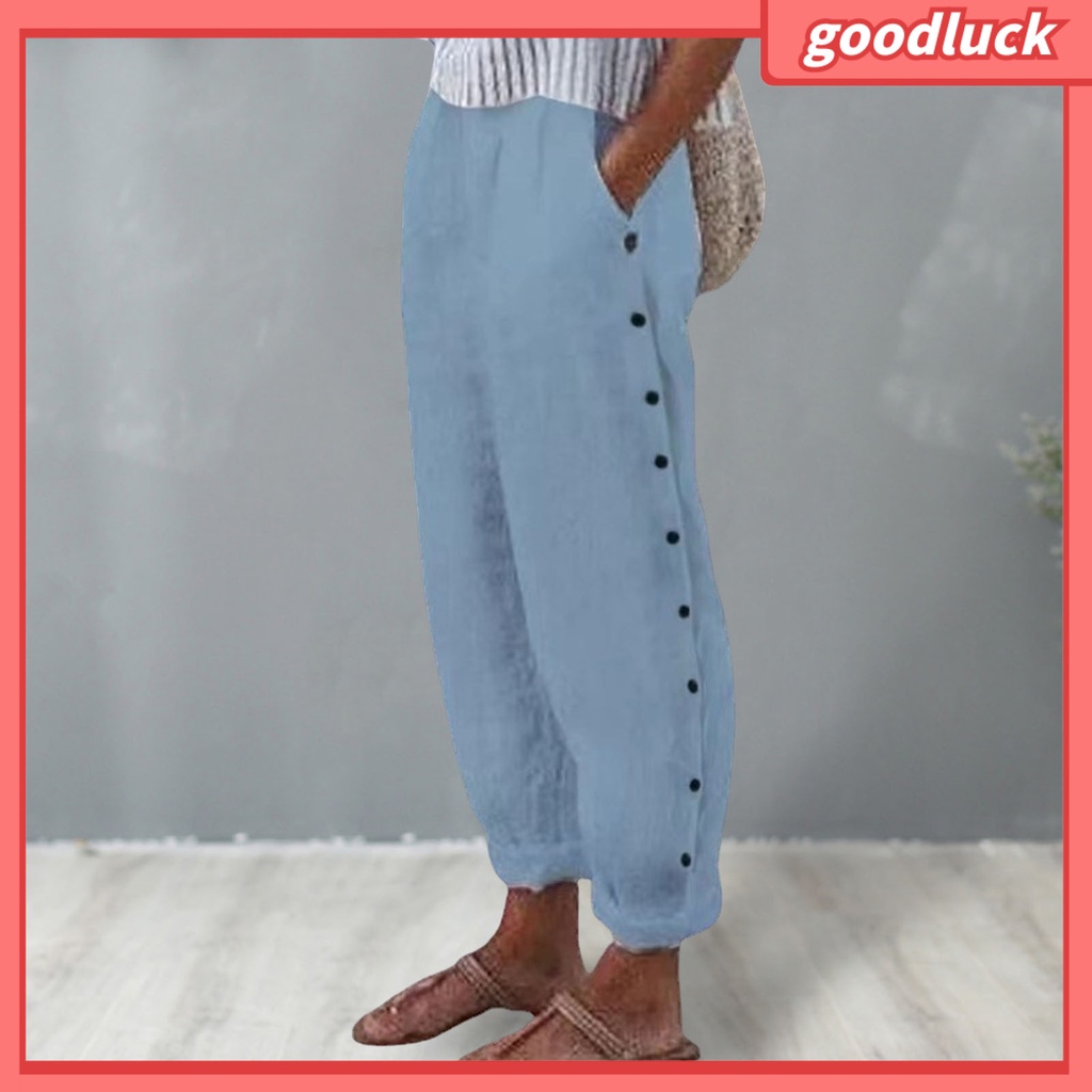 [ULK] Quần Dài Dáng Rộng Lưng Thun Màu Trơn Có Hai Túi Cài Nút Trang Trí Mặc Hàng Ngày Đơn Giản Cho Nữ