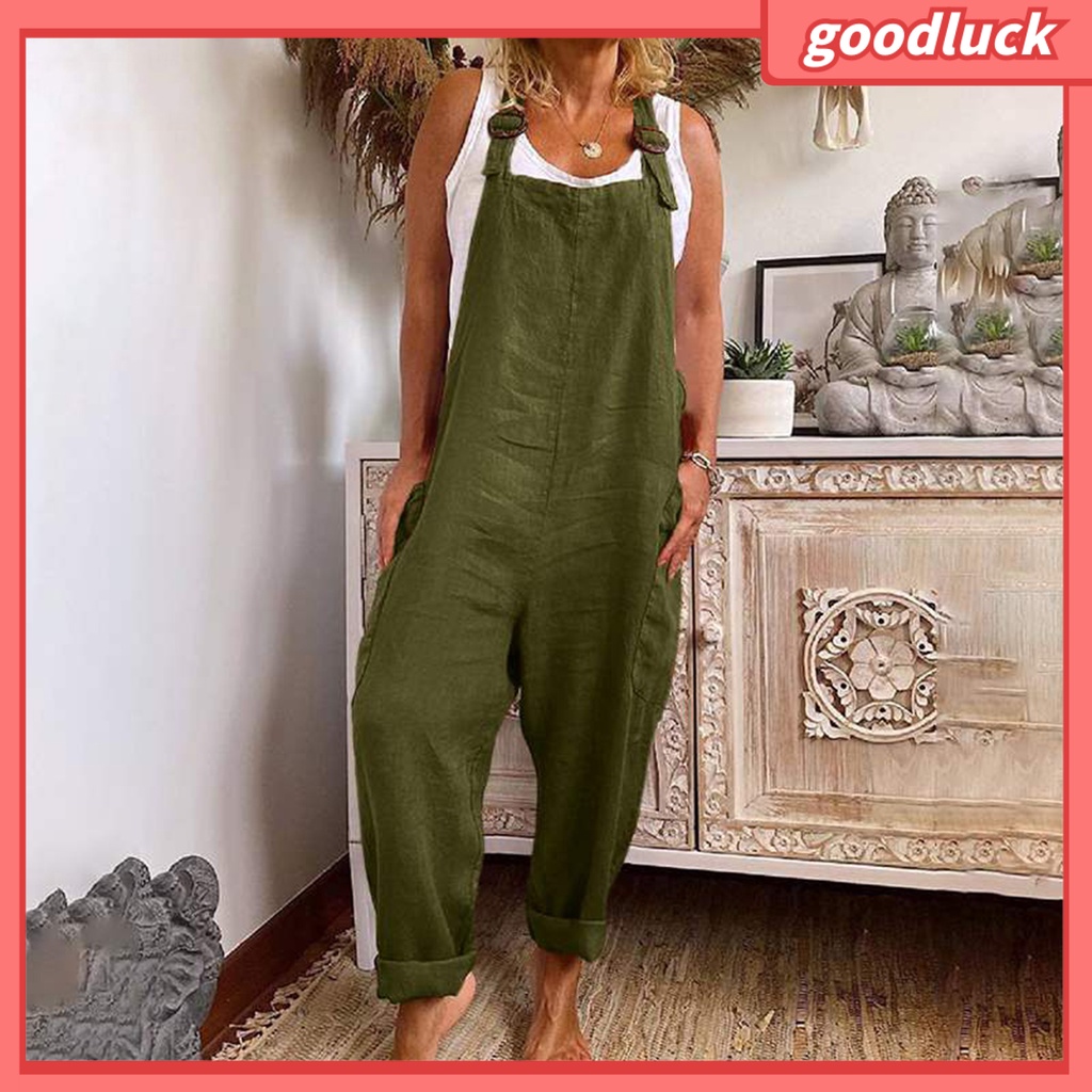 Bộ Áo Liền Quần Hai Dây Màu Trơn Ống Rộng Có Túi Tùy Chỉnh Thời Trang Cho Nữ