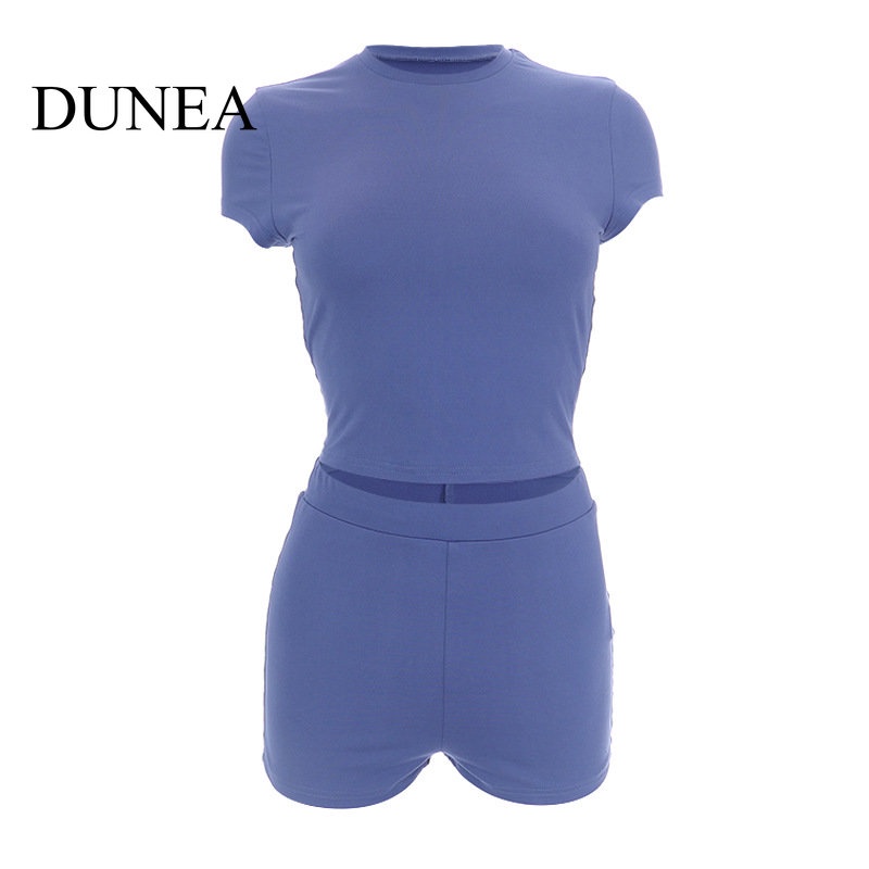 DUNEA Set Áo Thun Ngắn Tay Màu Sắc Trơn Và Quần Short Thời Trang Năng Động Quyến Rũ Cho Nữ
