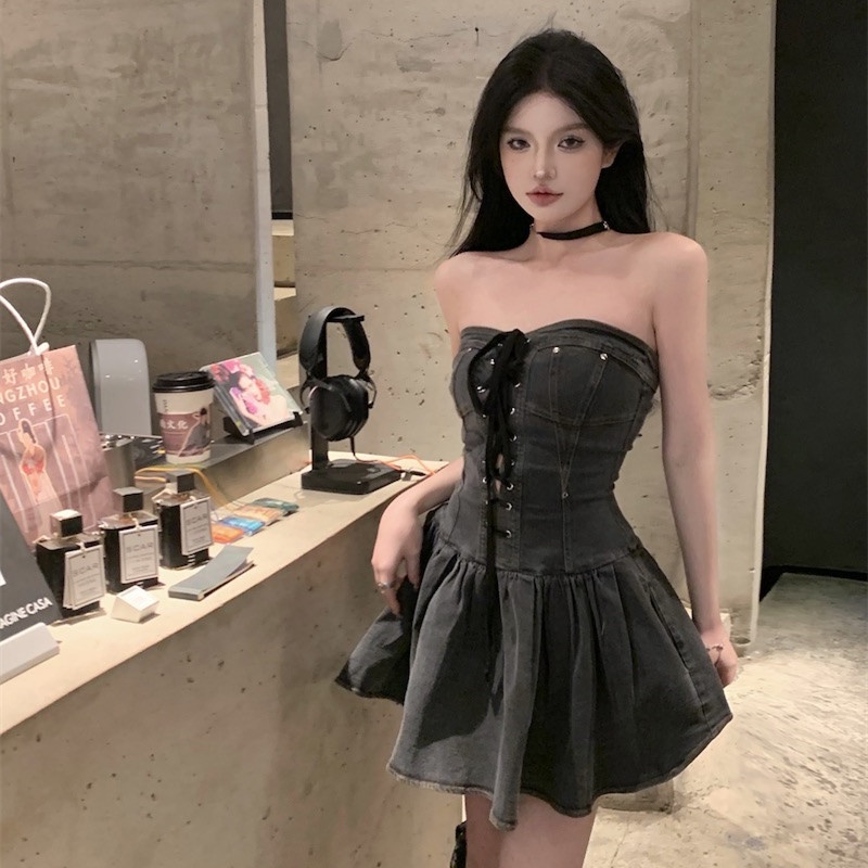 Áo Denim Trễ Vai Cột Dây Thời Trang Mùa Hè Quyến Rũ Cho Nữ