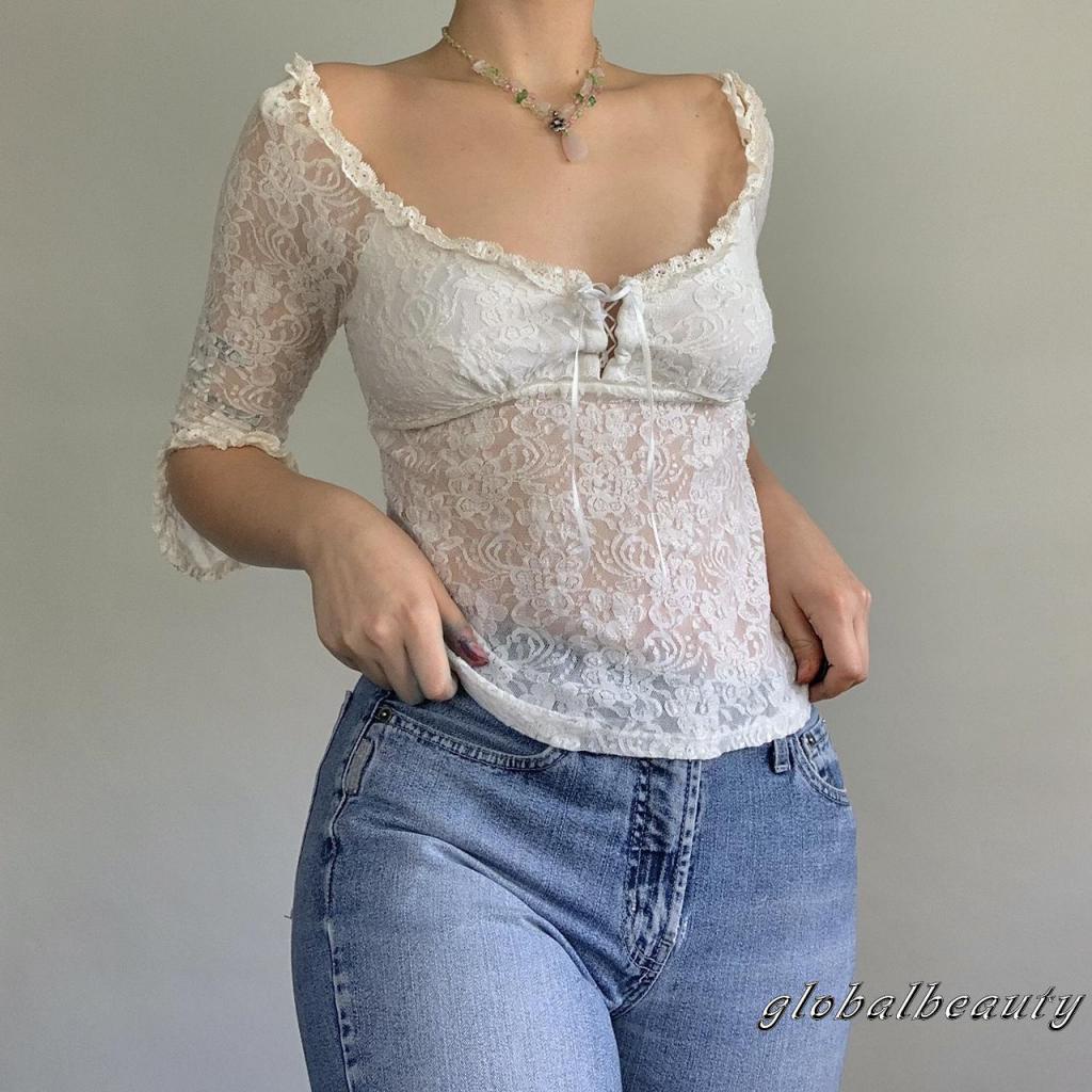Áo Thun Tay 3 / 4 Phối Ren Xuyên Thấu Thời Trang Mùa Hè Cho Nữ