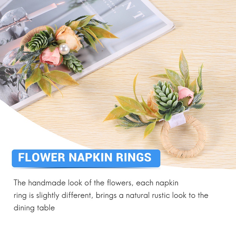 Bộ 4 Vòng Giữ Khăn Ăn Hình Hoa Hồng Và Lá Xanh Lá Handmade