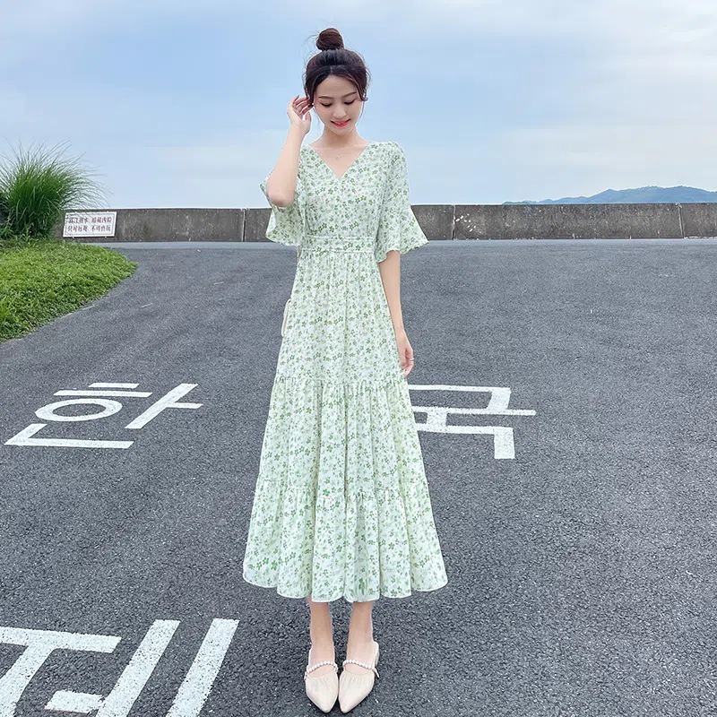 NRVP Đầm Dài Tay Ngắn In Hoa Độc Đáo Thời Trang Mùa Hè Hàn Quốc 2023 Dành Cho Bạn Nữ