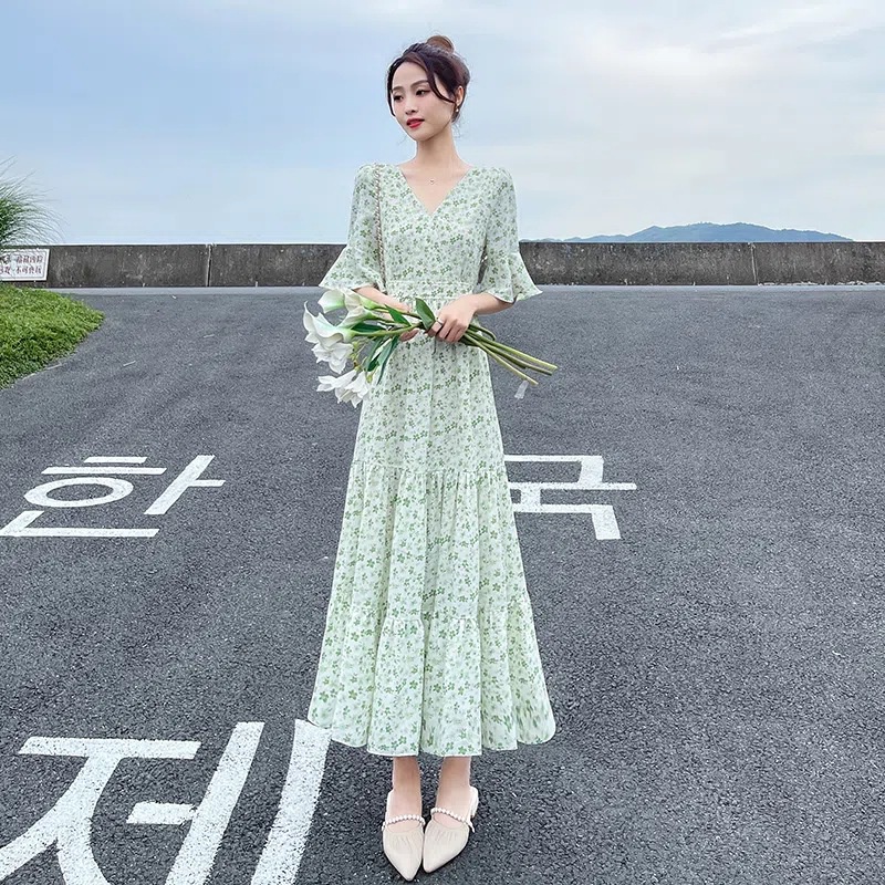 NRVP Đầm Dài Tay Ngắn In Hoa Độc Đáo Thời Trang Mùa Hè Hàn Quốc 2023 Dành Cho Bạn Nữ
