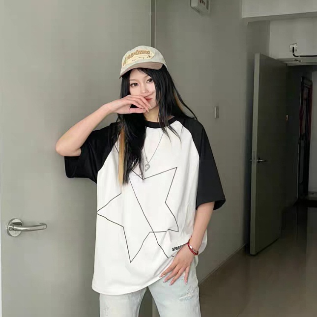 Áo thun tay lỡ Raglan phối màu tay áo đen trắng họa tiết ngôi sao 2 chiều áo form rộng Hot hè 2023
