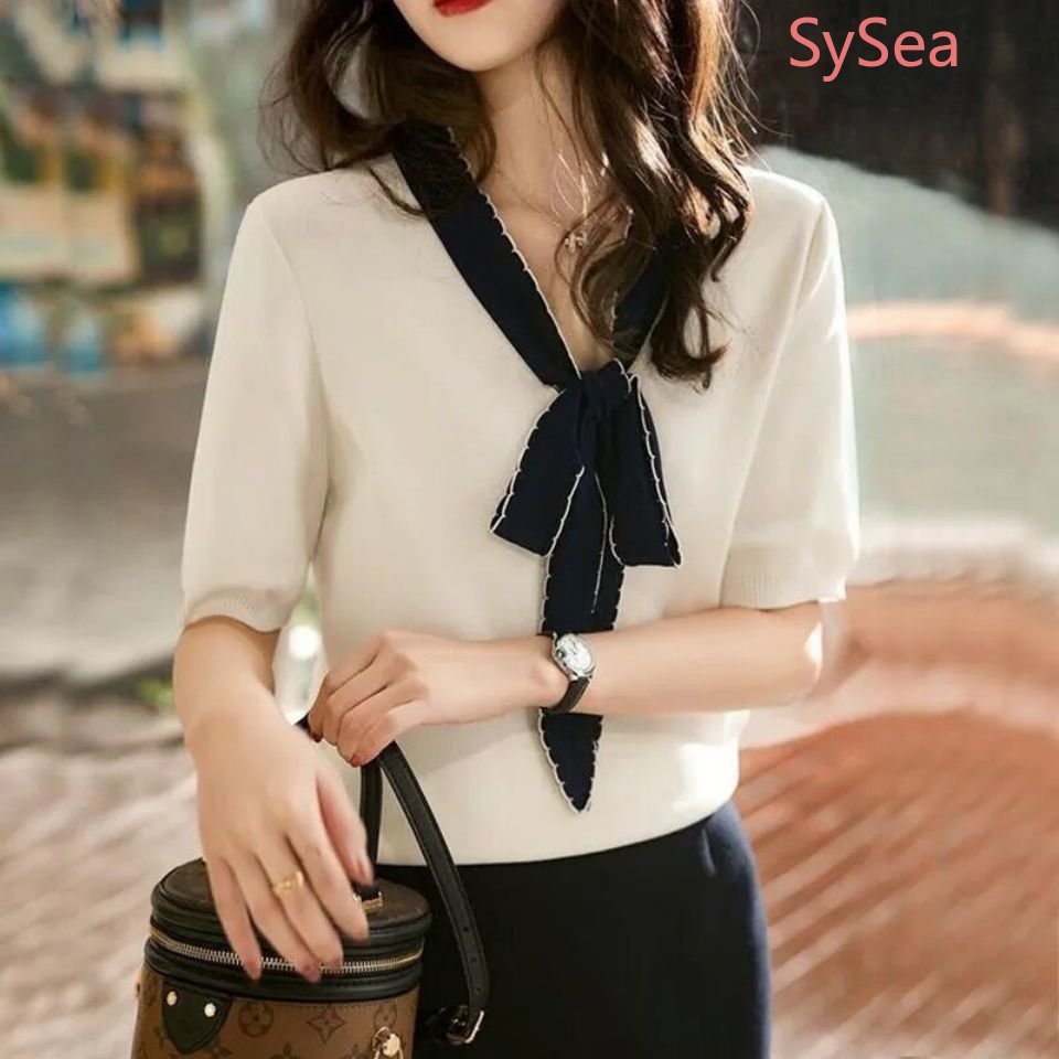 Áo Dệt Kim Phối Nơ Xinh Xắn Theo Phong Cách Mùa Hè Dành Cho Nữ