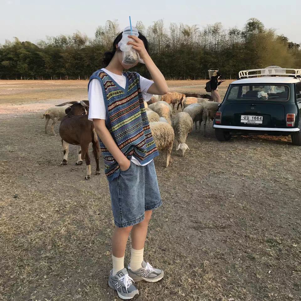 Áo Dệt Kim Sát Nách Dáng Rộng Cổ Chữ V Thời Trang Retro Cho Nữ