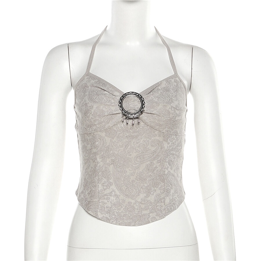 Weird Puss Áo Hai Dây Mùa Hè Ôm Dáng Cổ Yếm Cài Khóa Kim Loại In Họa Tiết Hoa Phong Cách Retro Cho Nữ