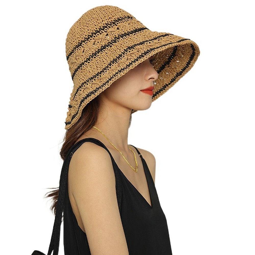 FORBETTER Nón Tai Bèo Đan Cói Chống Tia UV Họa Tiết Kẻ Sọc Rỗng Kiểu Pháp Đơn Giản Thời Trang Mùa Hè