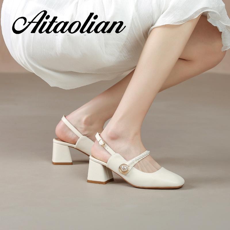 Xăng đan Cao Gót 5cm Da Mềm Mũi Vuông Màu Trơn Đính Ngọc Trai Thời Trang Cho Nữ