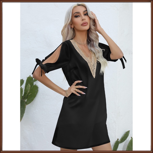 Đầm Tay Ngắn Cổ Chữ V Màu Trơn Thời Trang Dành Cho Nữ