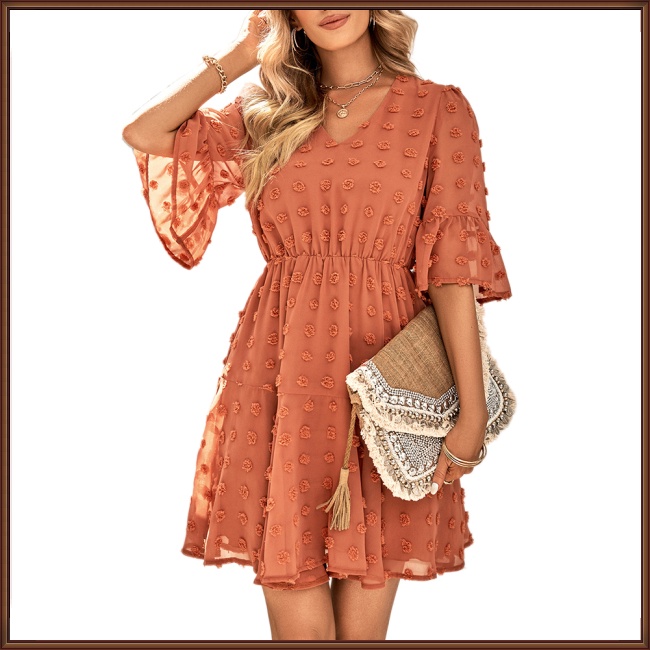 Đầm Tay Ngắn Cổ Chữ V Màu Trơn Thời Trang Mùa Hè Dễ Thương Cho Nữ