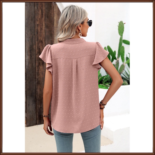 Áo Sơ Mi Chiffon Tay Ngắn Cổ Chữ V Phối Bèo Và Bóng Lông Màu Trơn Thời Trang Cho Nữ