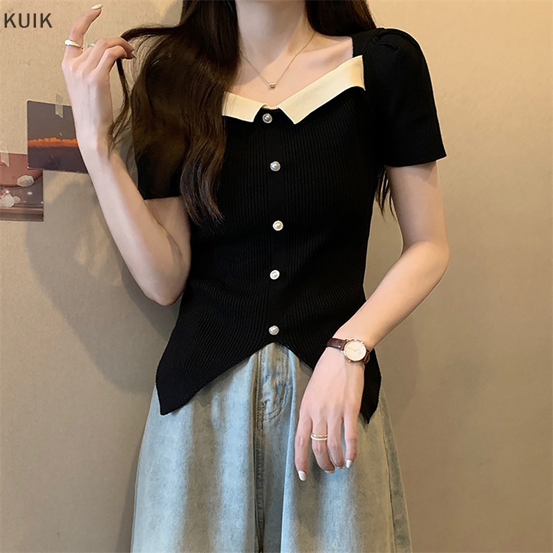 Áo Thun Dệt Kim Tay Phồng Ngắn Cổ Vuông Đính Nút Xẻ Tà Thời Trang