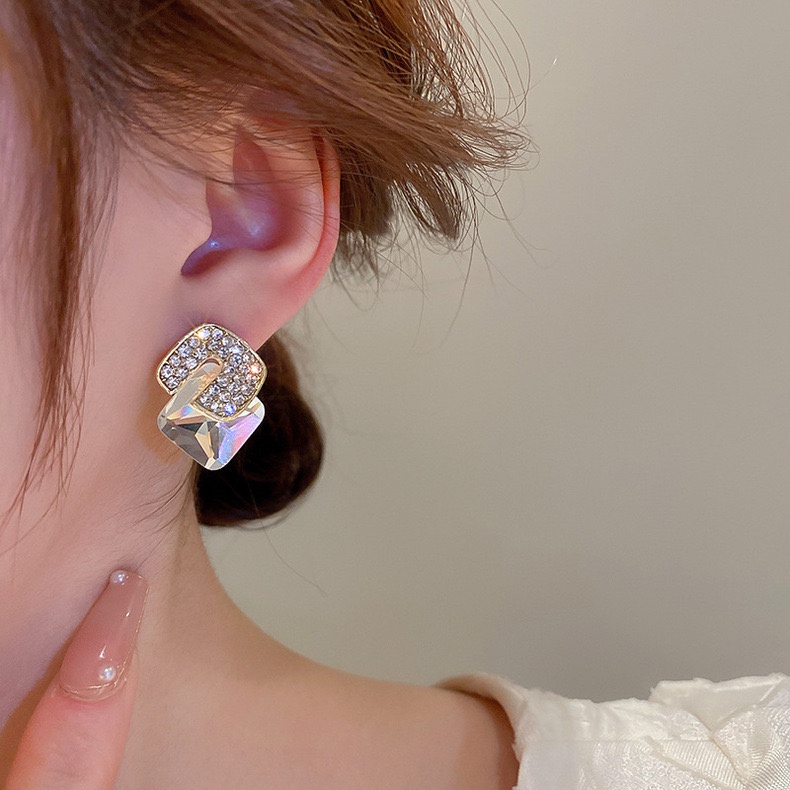 Bông Tai Mạ Bạc 925 Hình Học Đính Kim Sa Lấp Lánh Phong Cách Hàn Quốc Dễ Phối Đồ