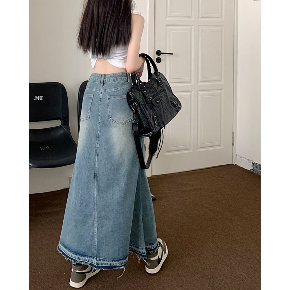 COZOK Váy denim Lưng Cao Dáng Dài Form Ôm Theo Phong Cách retro