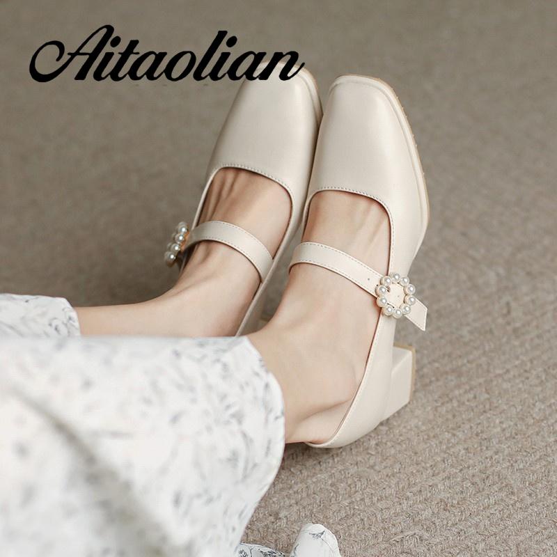 Giày Cao Gót 5Cm Da Mềm Mũi Vuông Đính Khóa Ngọc Trai Chống Trượt Phong Cách Anh Quốc