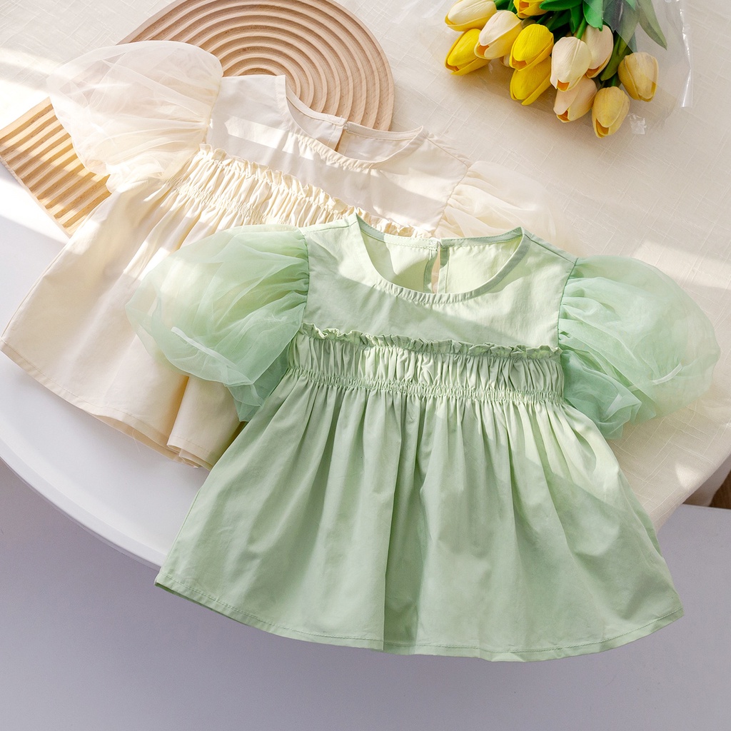 Áo Thun Lưới Tay Phồng Cổ Tròn Màu Trơn Thời Trang Mùa Hè Hàn Quốc Cho Bé Gái