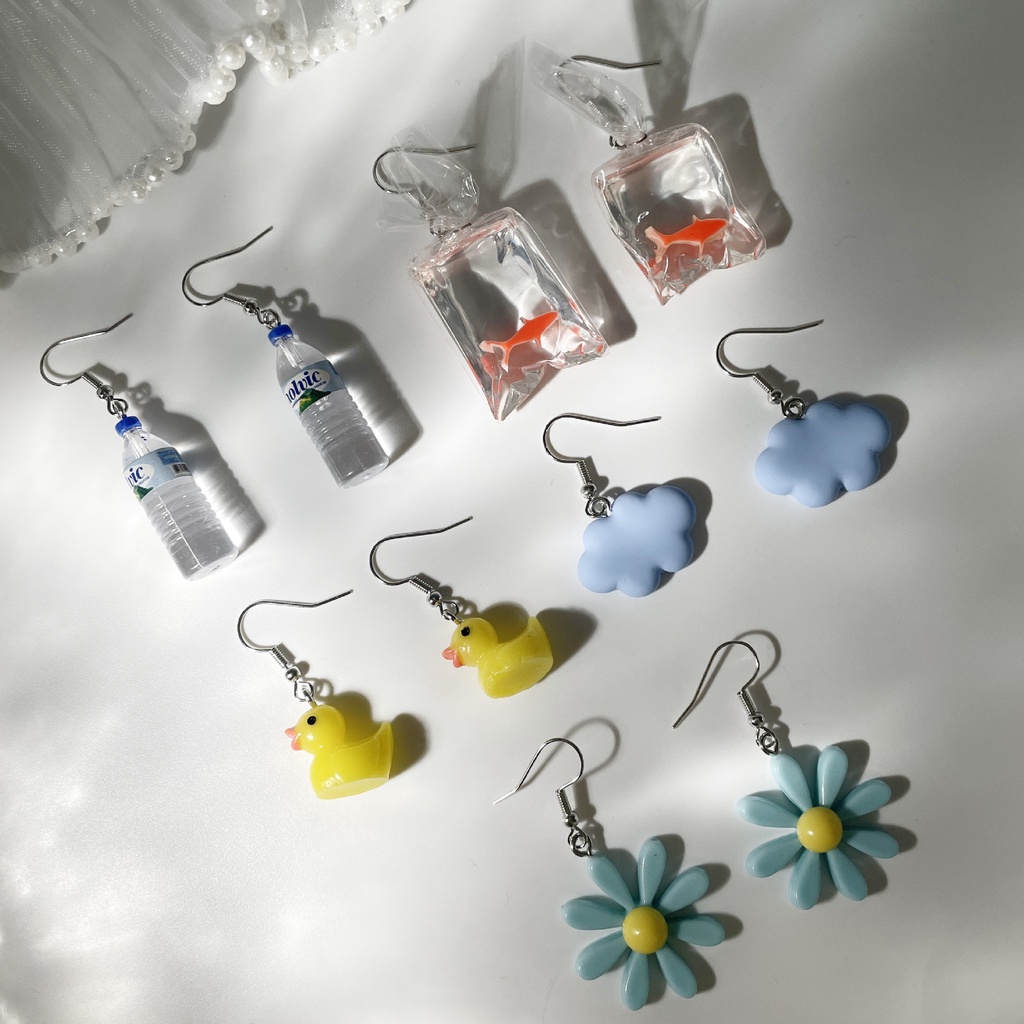 Bộ Khuyên Tai Móc Hình Vịt / Cá Vàng / Đám Mây / Hoa Cúc Bằng Resin Dễ Thương Sáng Tạo