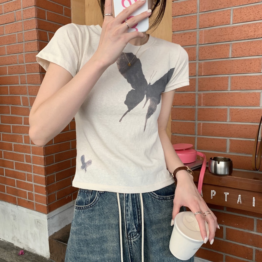 Áo Thun Tay Ngắn Hở Vai In Hình Bướm Dành Cho Nữ