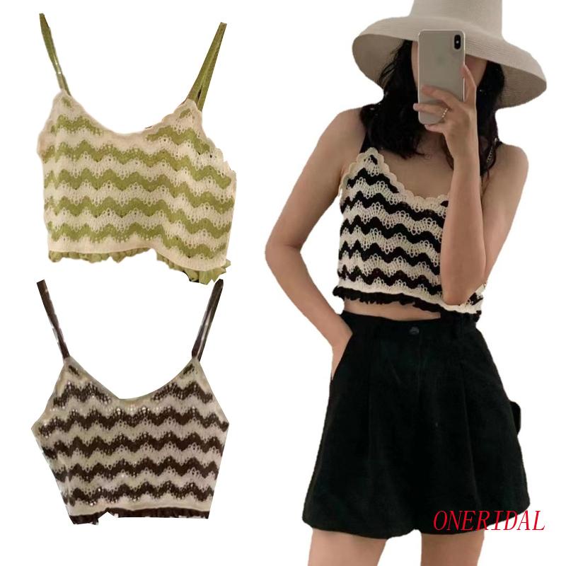 Áo Croptop Dệt Kim Không Tay Cổ Chữ V Ôm Dáng Họa Tiết Kẻ Sọc Phong Cách Pháp Thời Trang Mùa Hè Cho Nữ