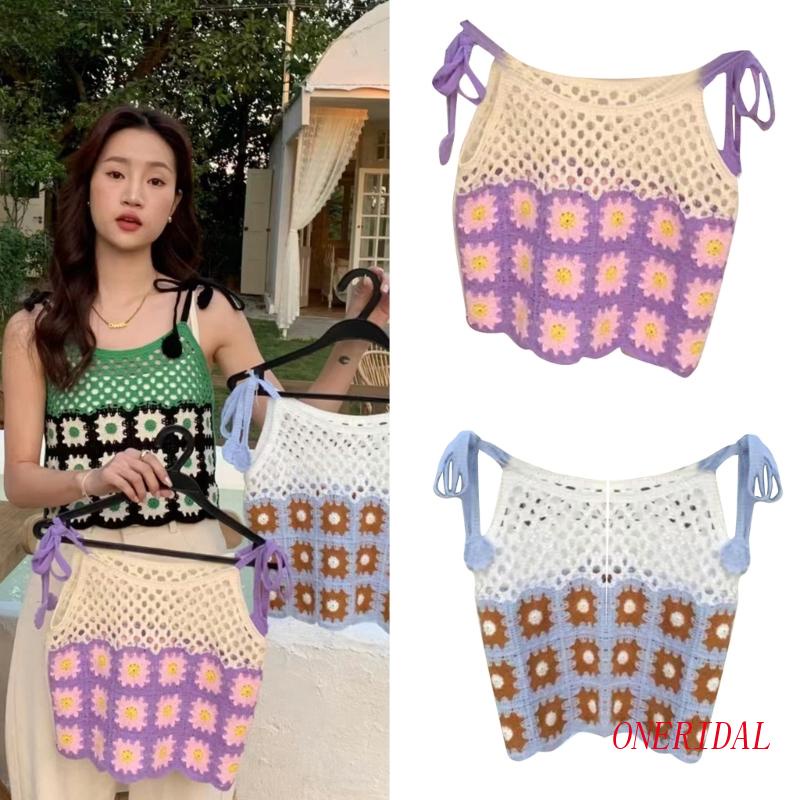 Áo Croptop Hai Dây Dệt Kim Dáng Rộng Họa Tiết Hoa Thời Trang Cho Nữ