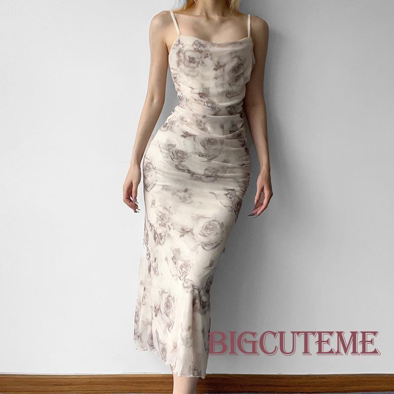 Đầm Hai Dây Mùa Hè In Hoa Xẻ Tà Sau Lưng Phong Cách Cổ Điển Cho Nữ
