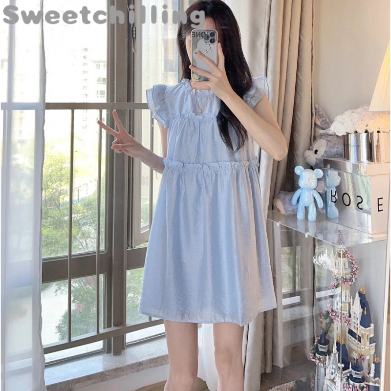 Sweetchilling Pháp màu xanh ngọt ngào nhỏ tay áo búp bê váy phụ nữ mùa hè hiển thị gầy khí chất thiết kế cảm giác váy ngắn đơn giản màu gió bồng váy phụ nữ