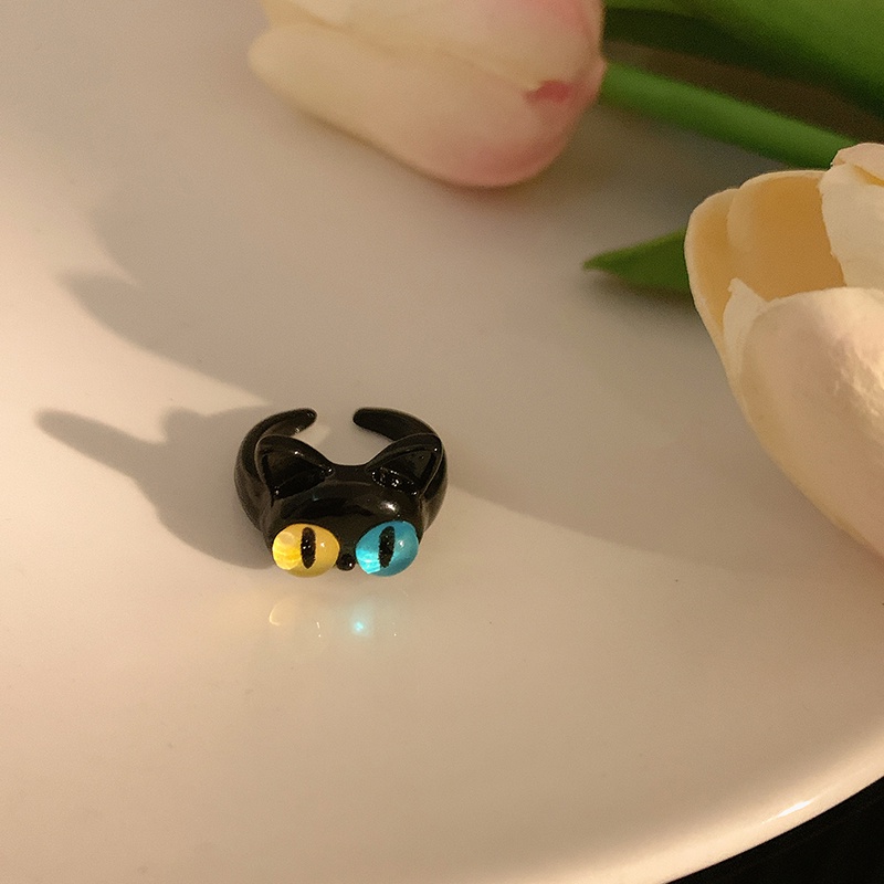 Nhẫn Hở Hình Mèo Mắt To Màu Đen Dễ Thương Có Thể Điều Chỉnh