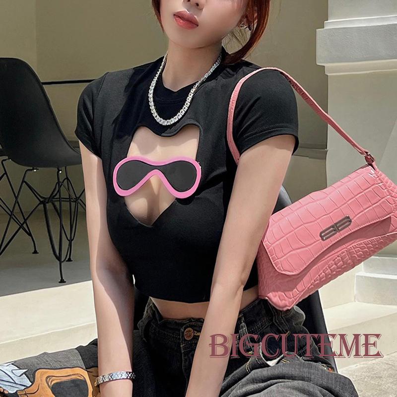 Áo Thun Crop Top Tay Ngắn Màu Đen Thời Trang Mùa Hè Cá Tính Cho Nữ