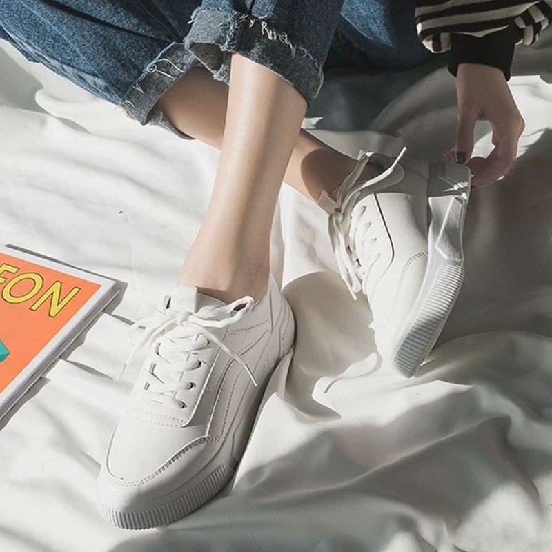 BAILUDAREN.️Giày thể thao trắng buộc dây dễ phối đồ thời trang thường ngày phong cách Hồng Kông cho nữ