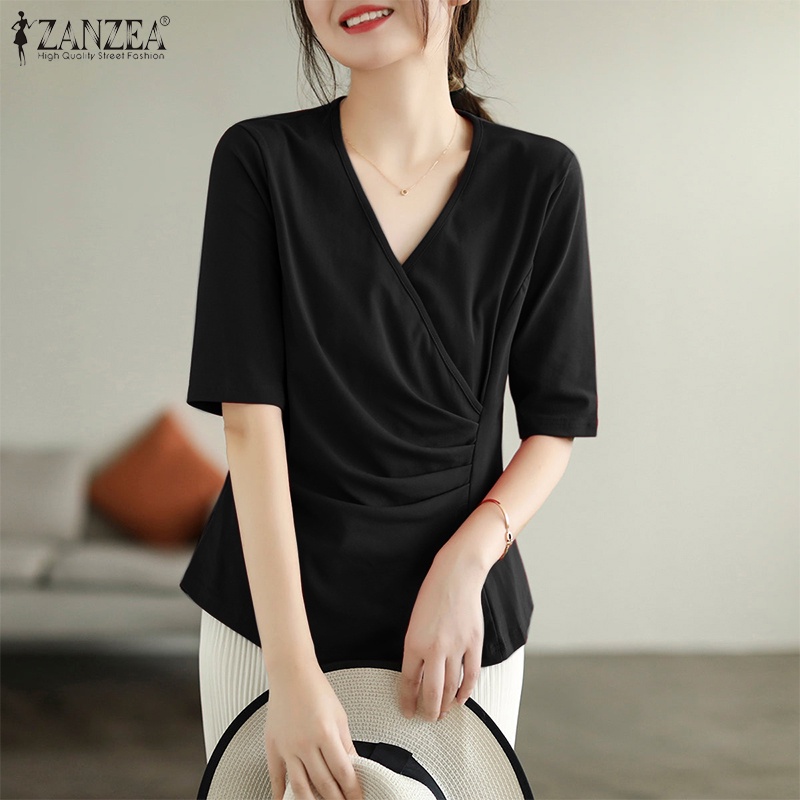 Áo Sơ Mi Nữ Tay Lửng Cổ Chữ V Xếp Ly Màu Trơn Phong Cách Hàn Quốc ZANZEA