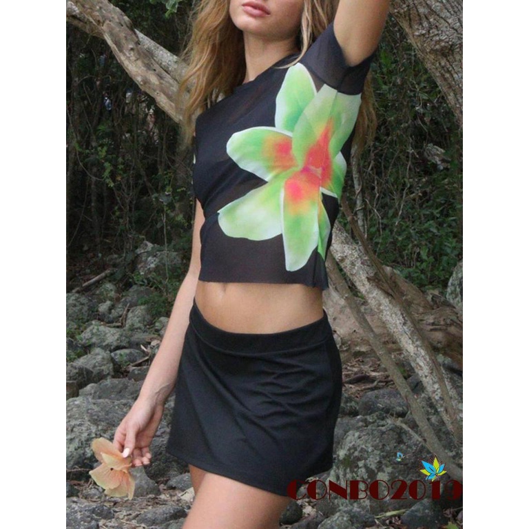 Set Đồ Mùa Hè 2 Món Gồm Áo Thun Lưới Mỏng Tay Cộc In Họa Tiết Hoa + Chân Váy Chữ A Mini Cho Nữ