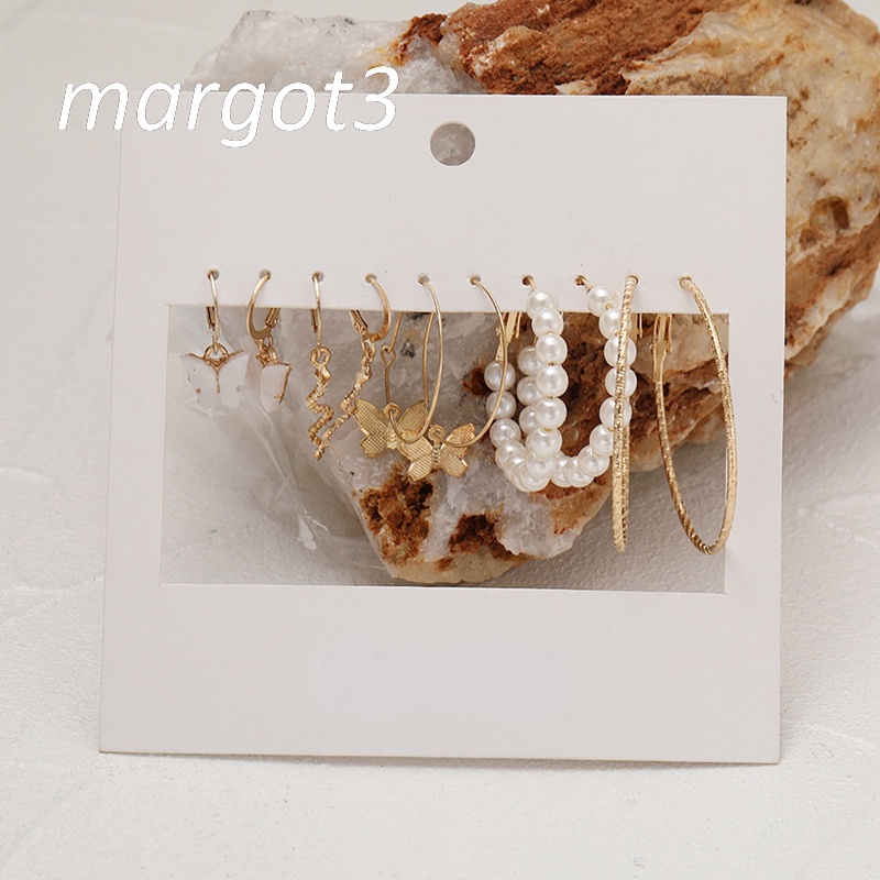 Set 5 Đôi Bông Tai Dạng Vòng Gắn Hình Bướm Và Ngọc Trai Thời Trang Cho Nữ