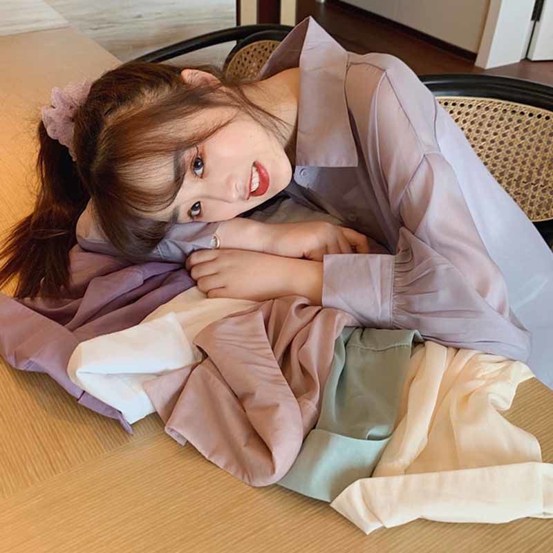 Áo Sơ Mi Tay Dài Chống Nắng Dáng Rộng Xẻ Tà Cột Dây Phong Cách Mới Cho Nữ @ -