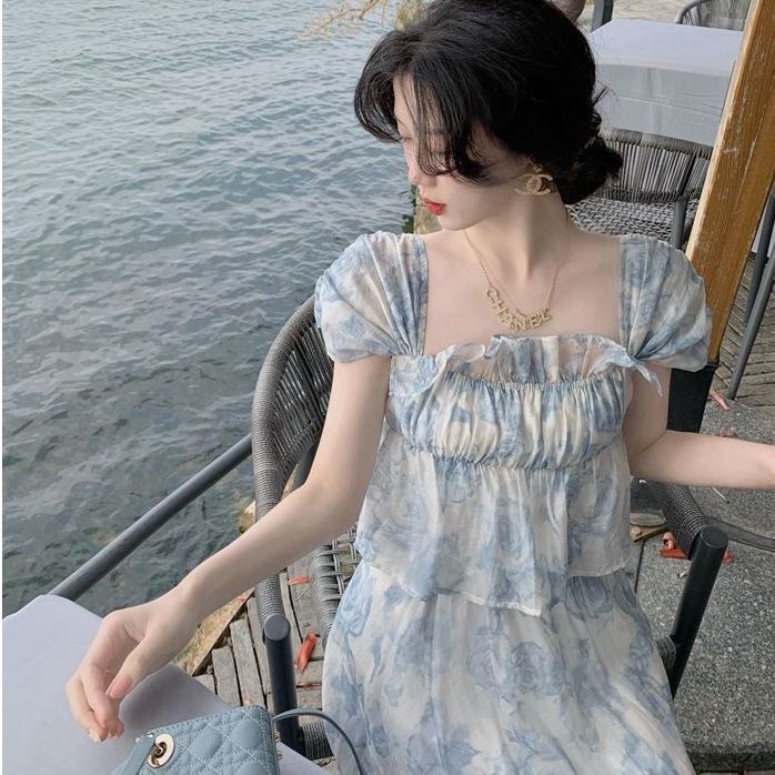 Bộ Áo Voan Cổ Vuông Phối Bèo + Chân Váy Chữ A Thời Trang Retro Thanh Lịch Cho Nữ