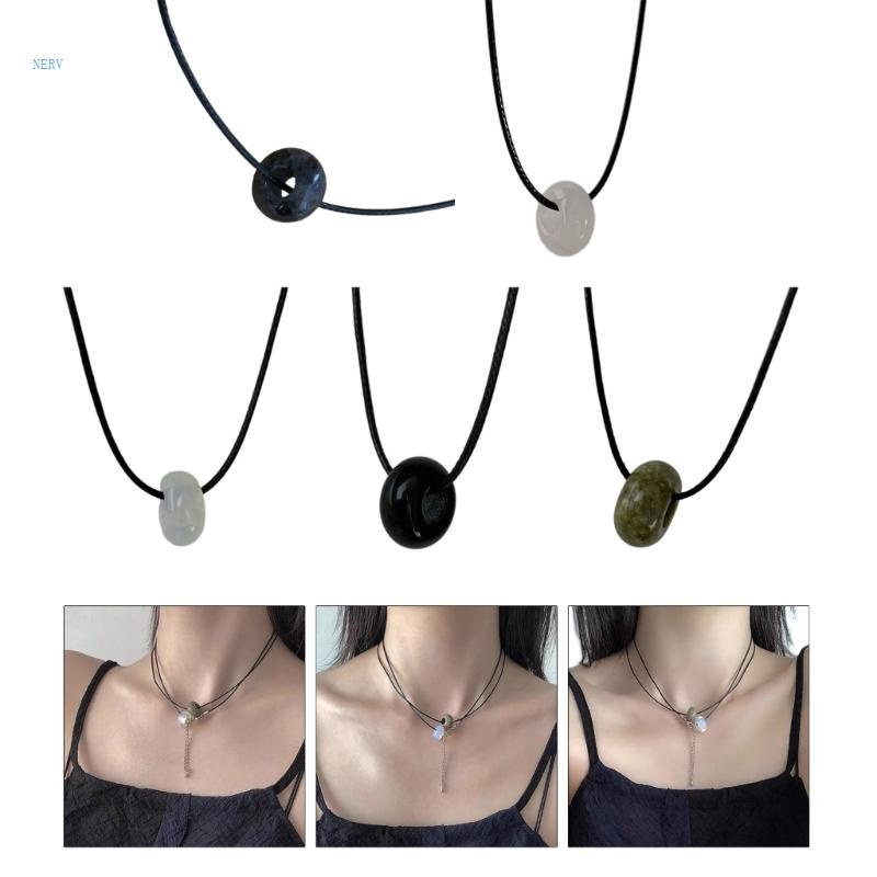 Vòng Cổ Dây Da Xếp Chồng Hạt Ngọc Bích Tự Nhiên