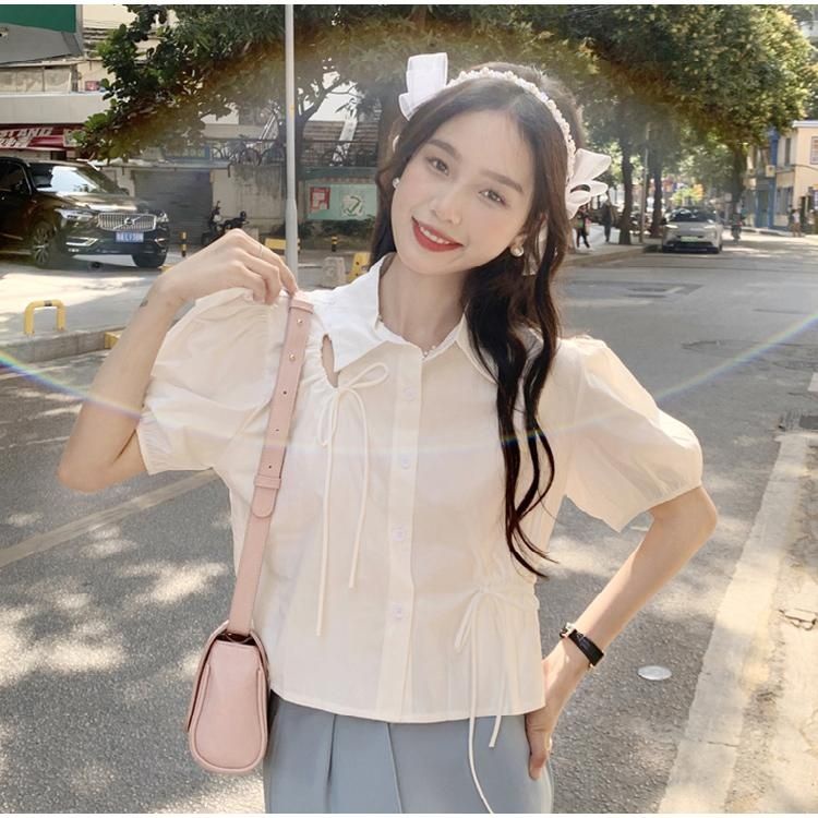 Áo Thun Ngắn Tay Dáng Rộng Phối Dây Rút Thời Trang Mùa Hè Dễ Thương