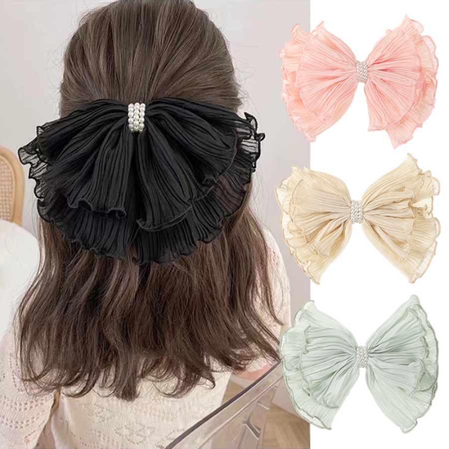 Kẹp Tóc Hình Nơ Lớn Xếp Ly Đính Ngọc Trai Kiểu Hàn Quốc Ngọt Ngào Cho Nữ