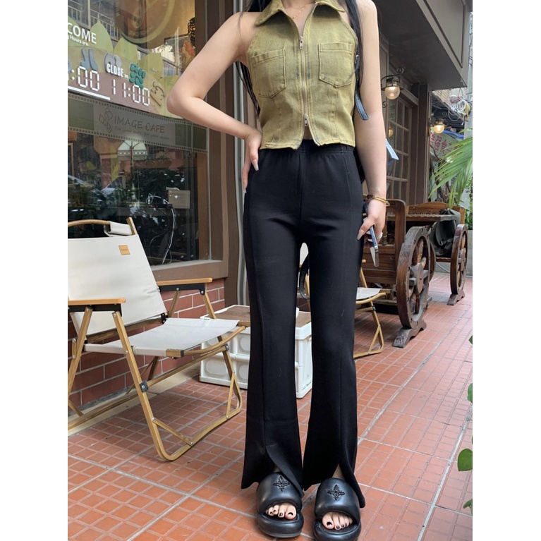 Áo baby tee Thun croptop Denim Không Tay Cổ polo Lưng Ngắn Phối Khóa Kéo Thời Trang Dành Cho Nữ