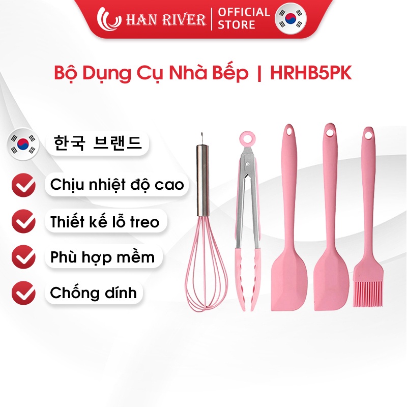 Set 5 dụng cụ làm bếp HAN RIVER HRHB5GN bằng silicon mềm chịu nhiệt cao có lỗ treo chống dính