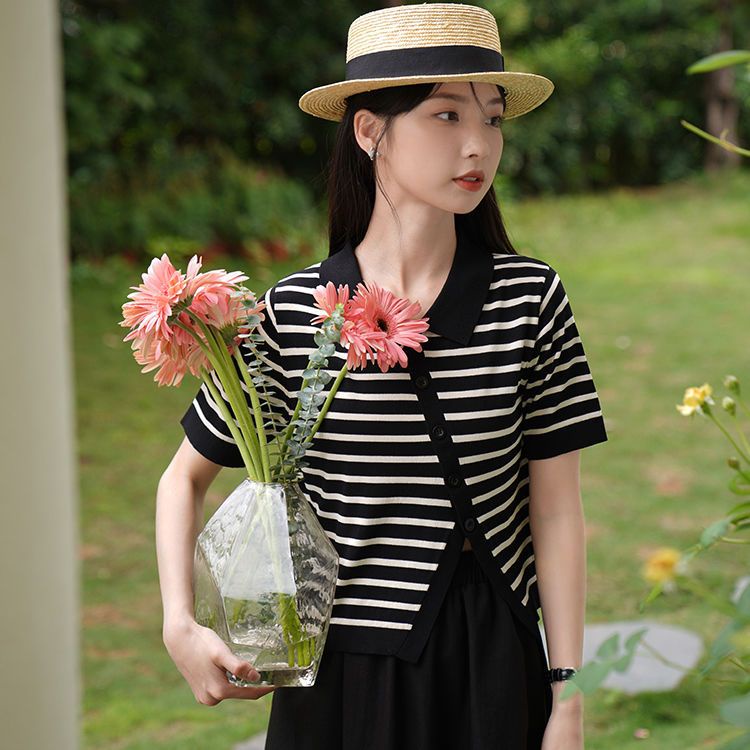 Áo Thun polo Ngắn Tay Họa Tiết Kẻ Sọc Đen Thời Trang Mùa Hè Cho Nữ