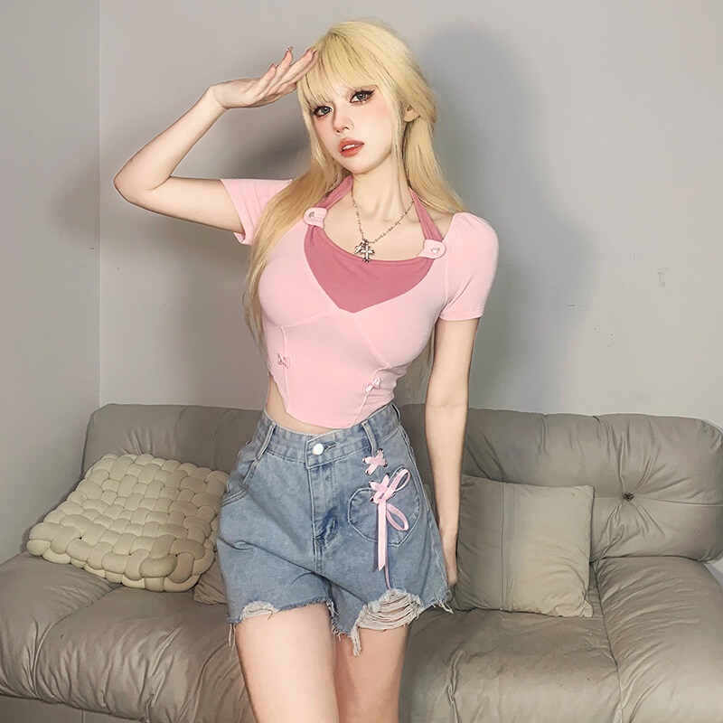 Weird Puss Áo Thun Crop top Tay Ngắn Thiết Kế Chắp Vá Cổ Yếm Dễ Thương Ngọt Ngào Trẻ Trung Dành Cho Bạn Nữ