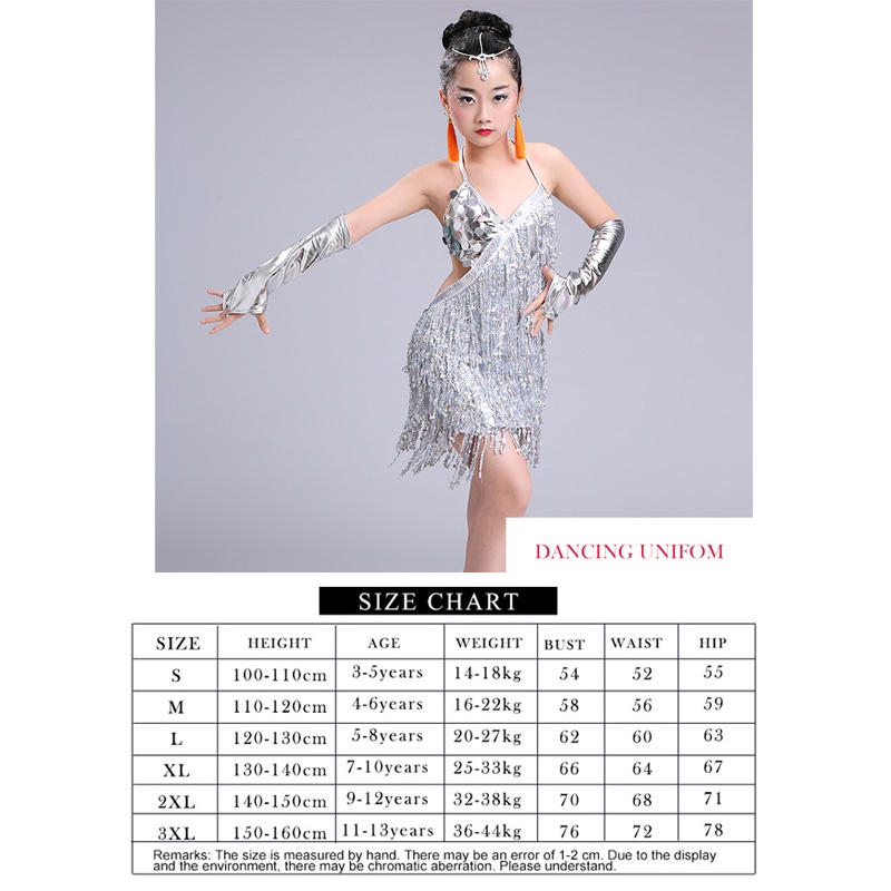 Đầm Khiêu Vũ Latin Đính Kim Sa Tua Rua Màu Đỏ Cho Bé Gái