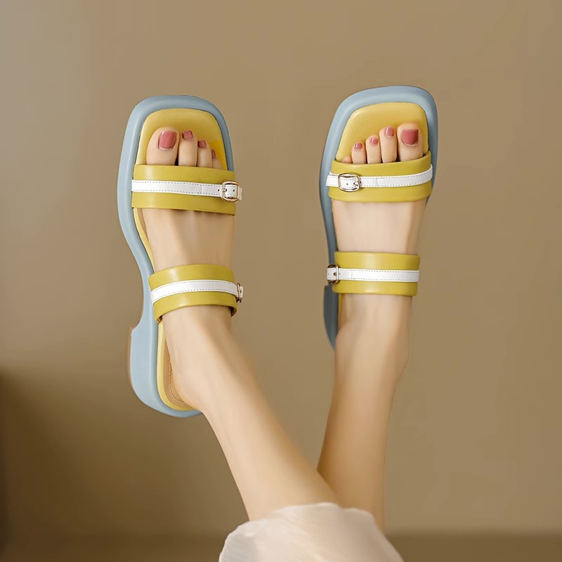 Tóc Thẳng Duoya ~ [Hàng Có Sẵn] Dép Da Mềm Đế Dày Vừa Vặn Màu Sắc Hình Vuông Thời Trang Xuân Hè