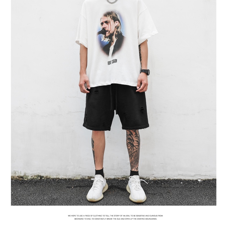 Quần Short Thể Thao Ống Rộng Phối Vết Rách Phong Cách Hip Hop Đường Phố Cá Tính