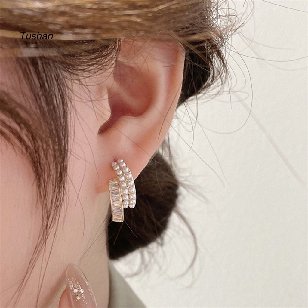 1 Đôi Bông Tai Ngọc Trai Giả Hai Lớp Đính Đá Thời Trang