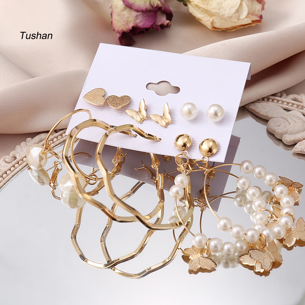 6 Đôi Bông Tai Hình Trái Tim / Bướm / Ngọc Trai Giả Thời Trang