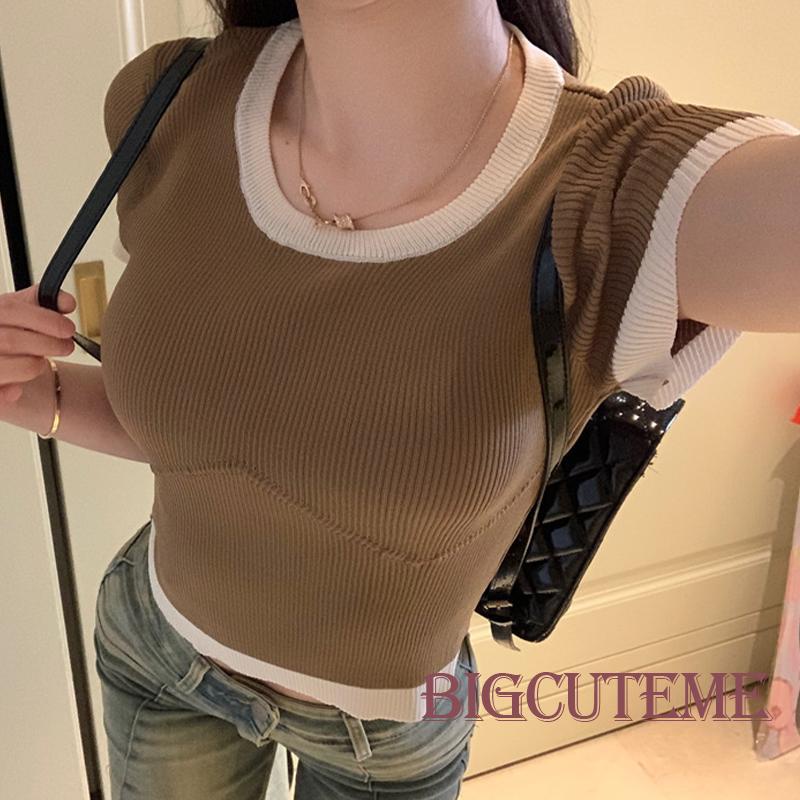 Áo Croptop Dệt Kim Tay Ngắn Cổ Tròn Màu Sắc Tương Phản Thời Trang Đường Phố Cho Nữ